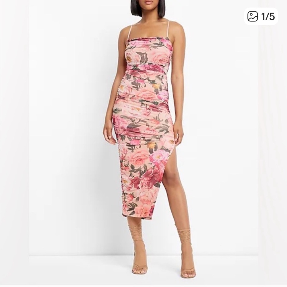 Express Body Con Ruched Floral Midi Dress